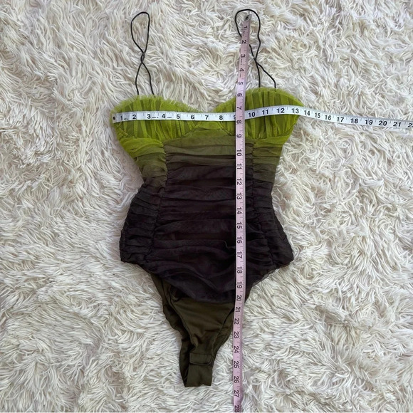 ZARA TULLE CORSET BODYSUIT PLEATED MESH OMBRE NEON GREEN SIDE ZIP SIZE XS - Picture 4 of 10